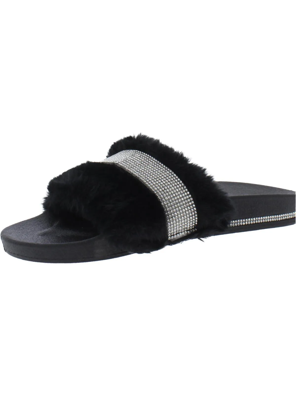 Best Wishes Womens Faux Fur Rhinestone Slide Sandals