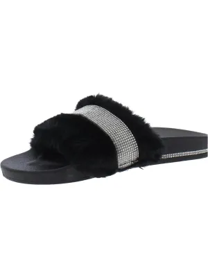 Best Wishes Womens Faux Fur Rhinestone Slide Sandals