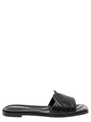 Black Quilted Sandals With Logo Motif In Leather