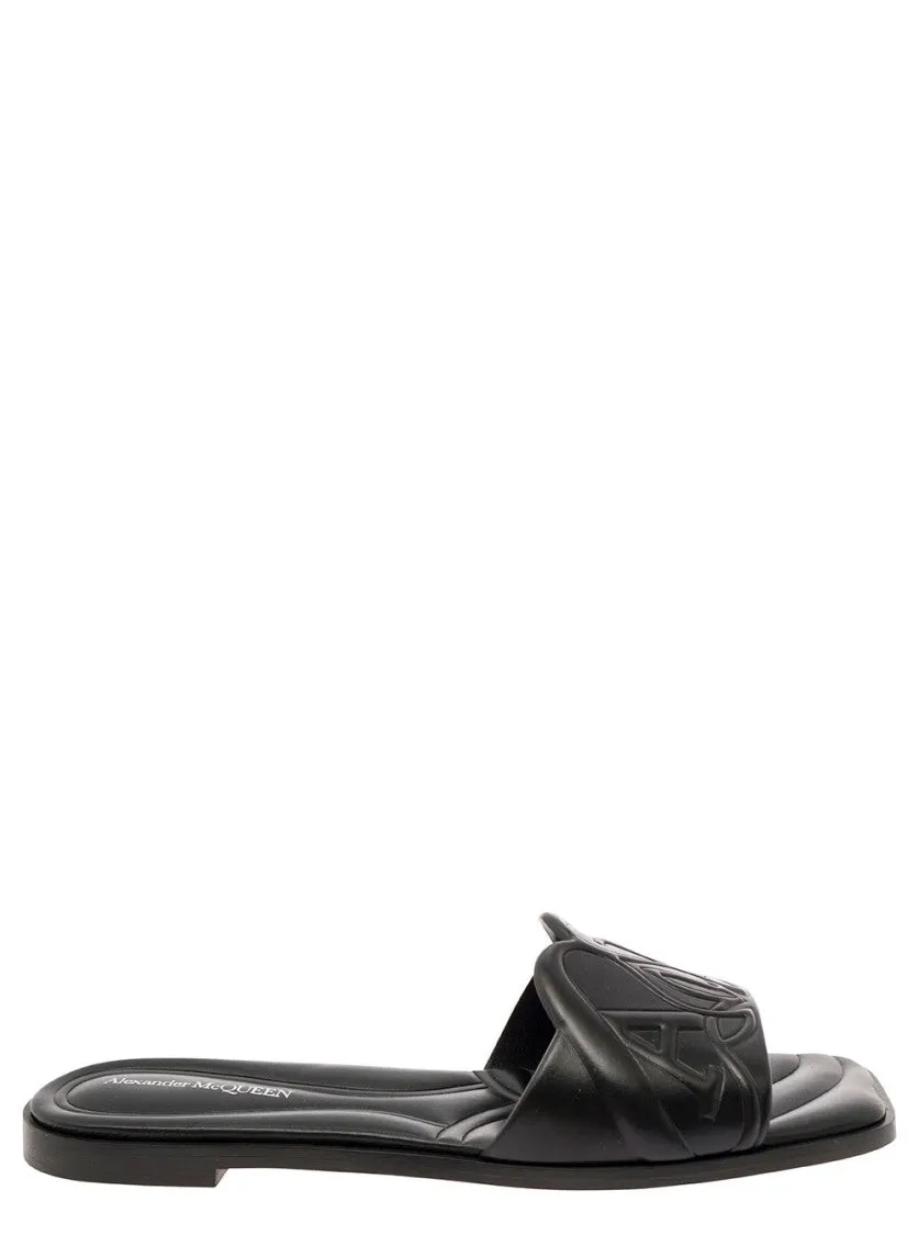 Black Quilted Sandals With Logo Motif In Leather