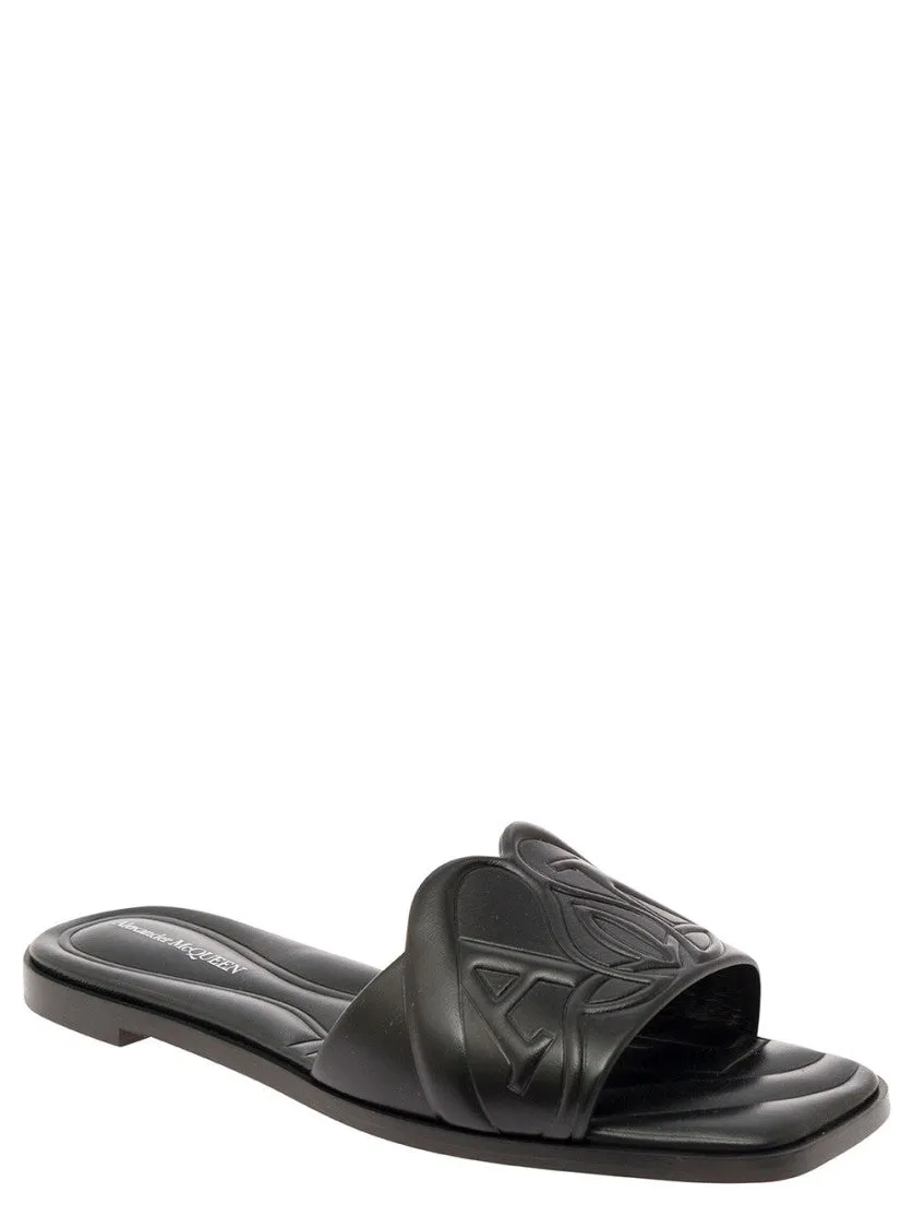 Black Quilted Sandals With Logo Motif In Leather