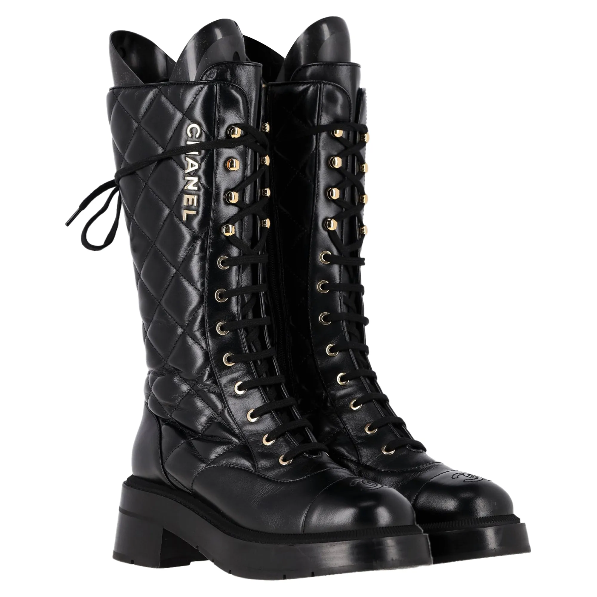 Chanel Shiny Quilted Chain Lace Up Combat Long Boots in Black Calfskin Leather