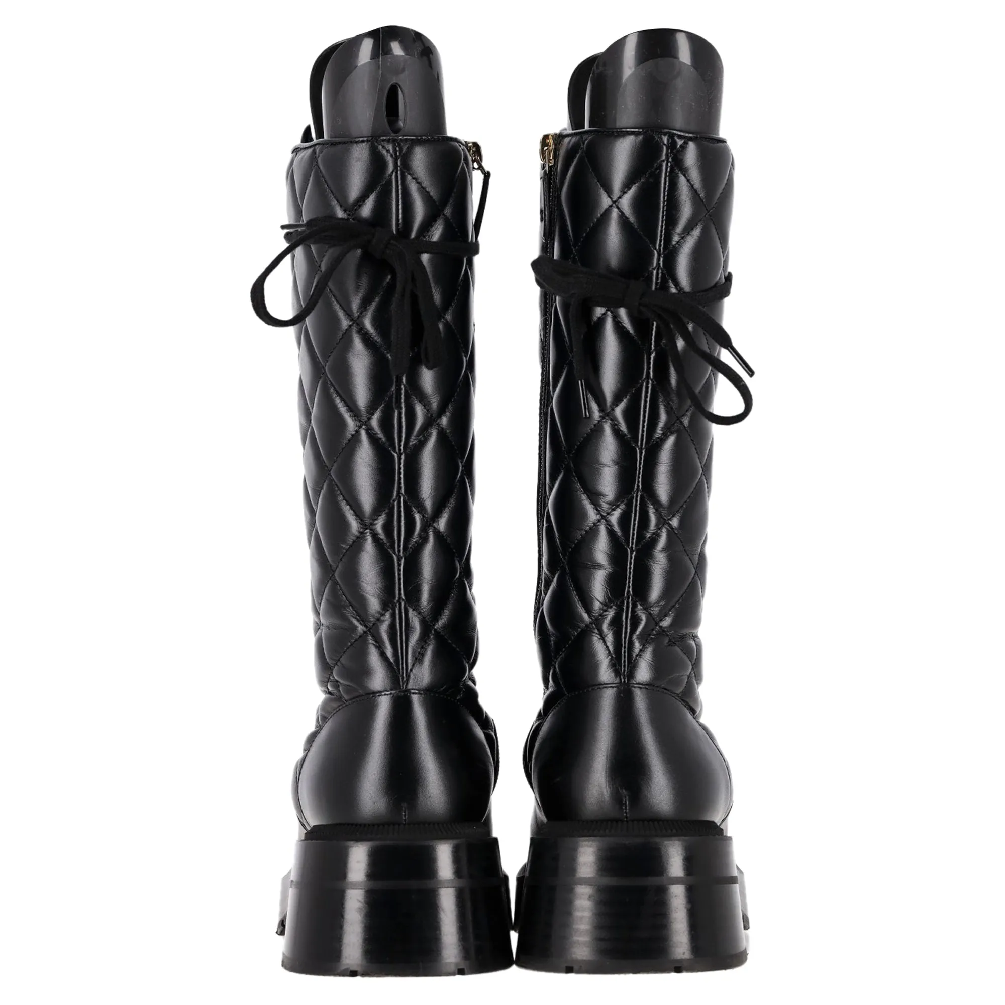 Chanel Shiny Quilted Chain Lace Up Combat Long Boots in Black Calfskin Leather