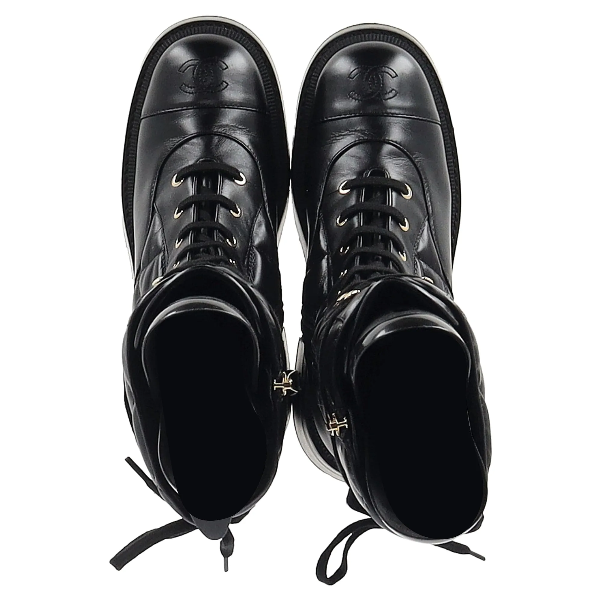 Chanel Shiny Quilted Chain Lace Up Combat Long Boots in Black Calfskin Leather