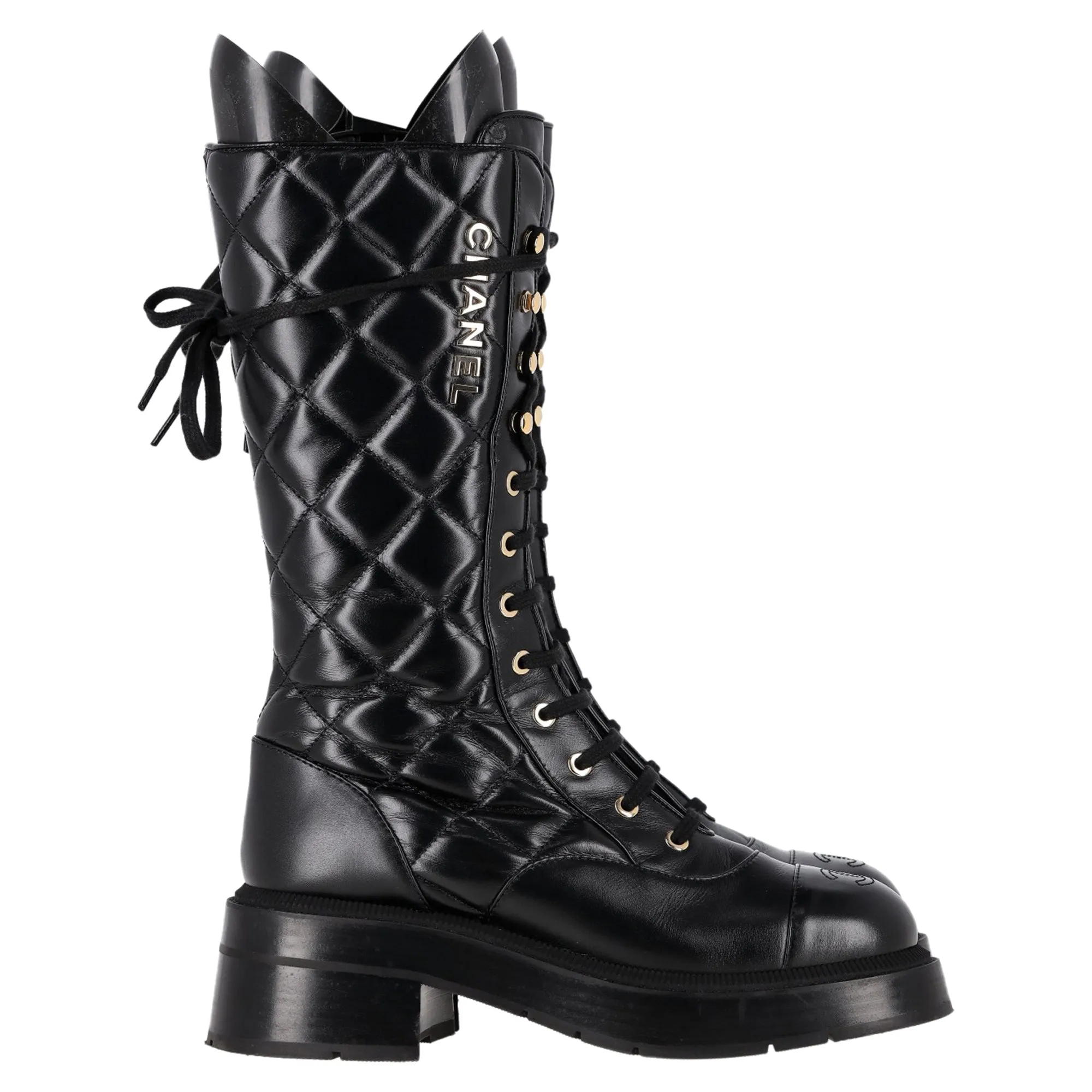 Chanel Shiny Quilted Chain Lace Up Combat Long Boots in Black Calfskin Leather