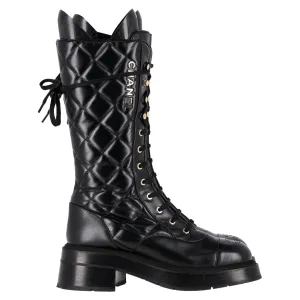 Chanel Shiny Quilted Chain Lace Up Combat Long Boots in Black Calfskin Leather