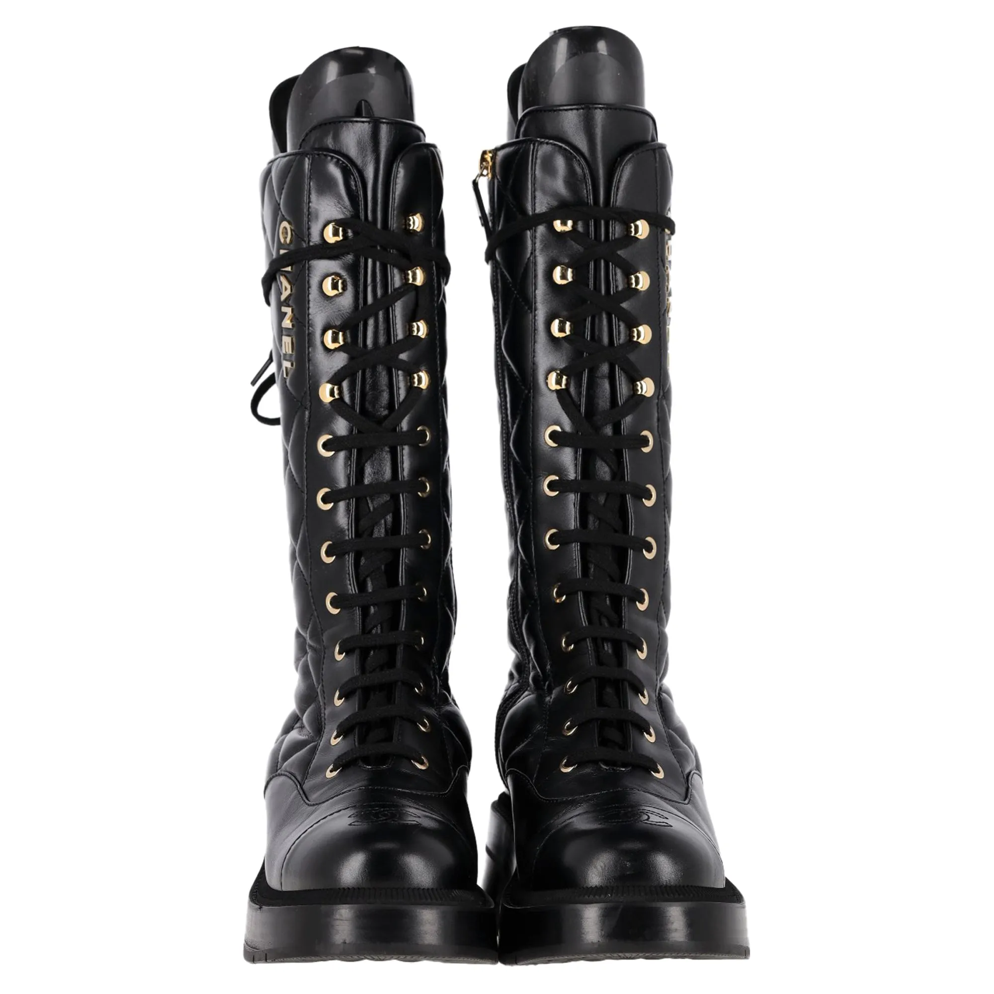 Chanel Shiny Quilted Chain Lace Up Combat Long Boots in Black Calfskin Leather