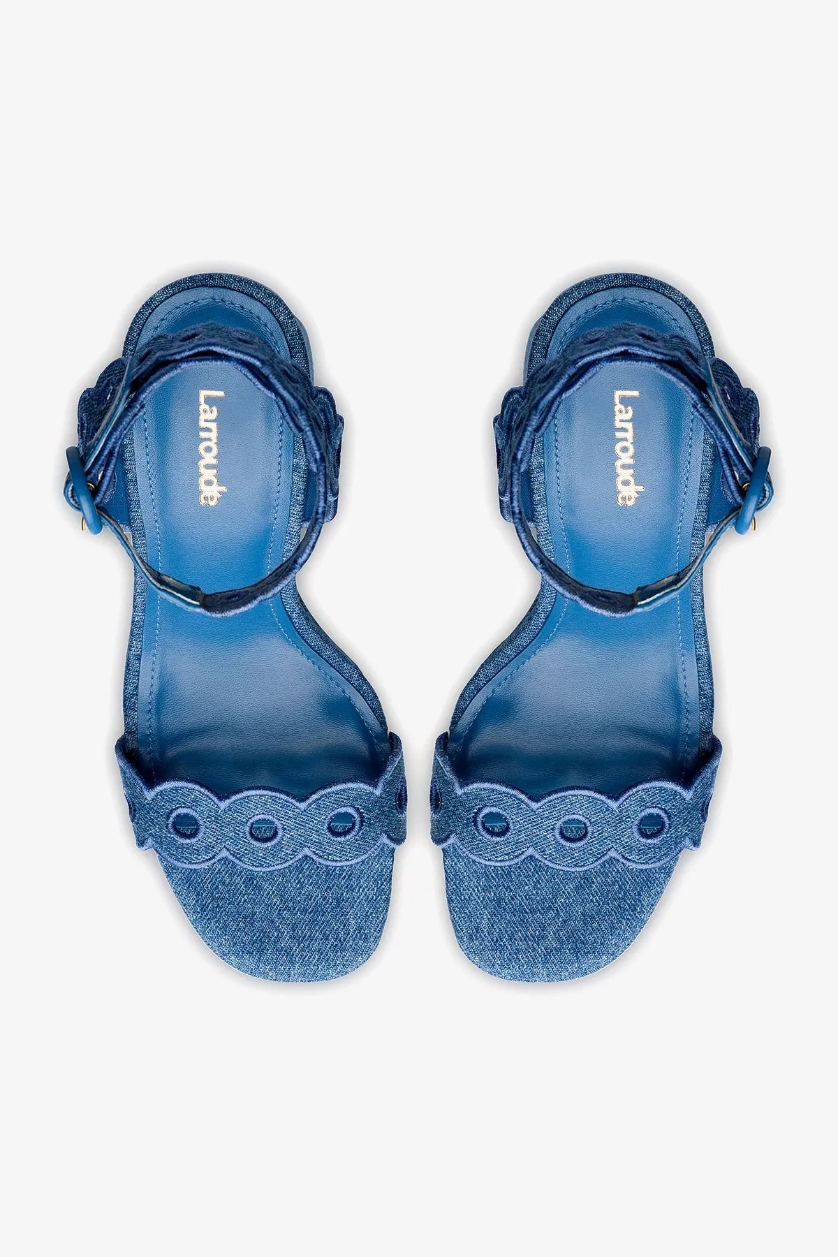 Dolly Broderie Sandal In Blue Stoned Denim