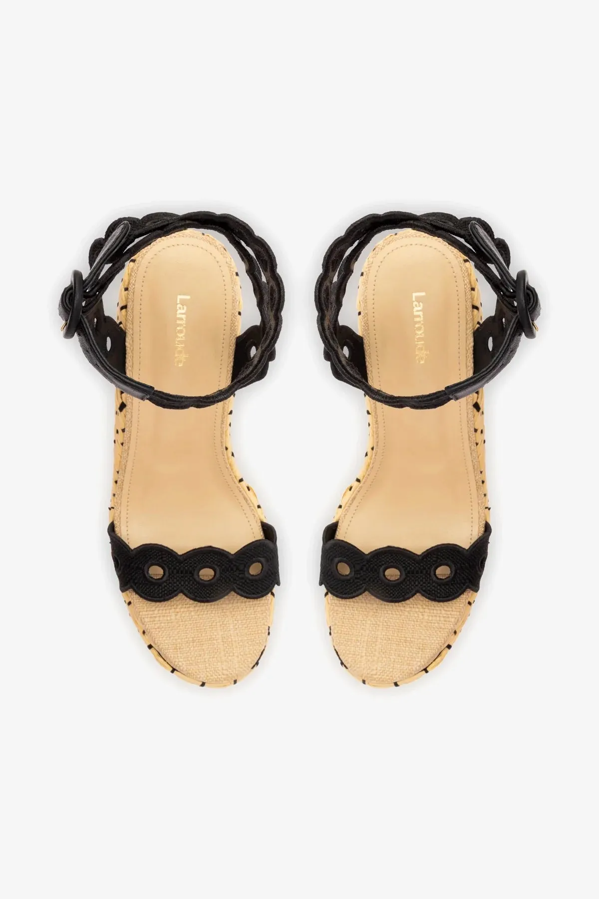 Florence Broderie Wedge In Beige and Black Raffia