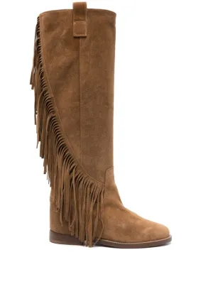 Fringe-Detail Leather Slip-On Boots With Pull-Tab Design