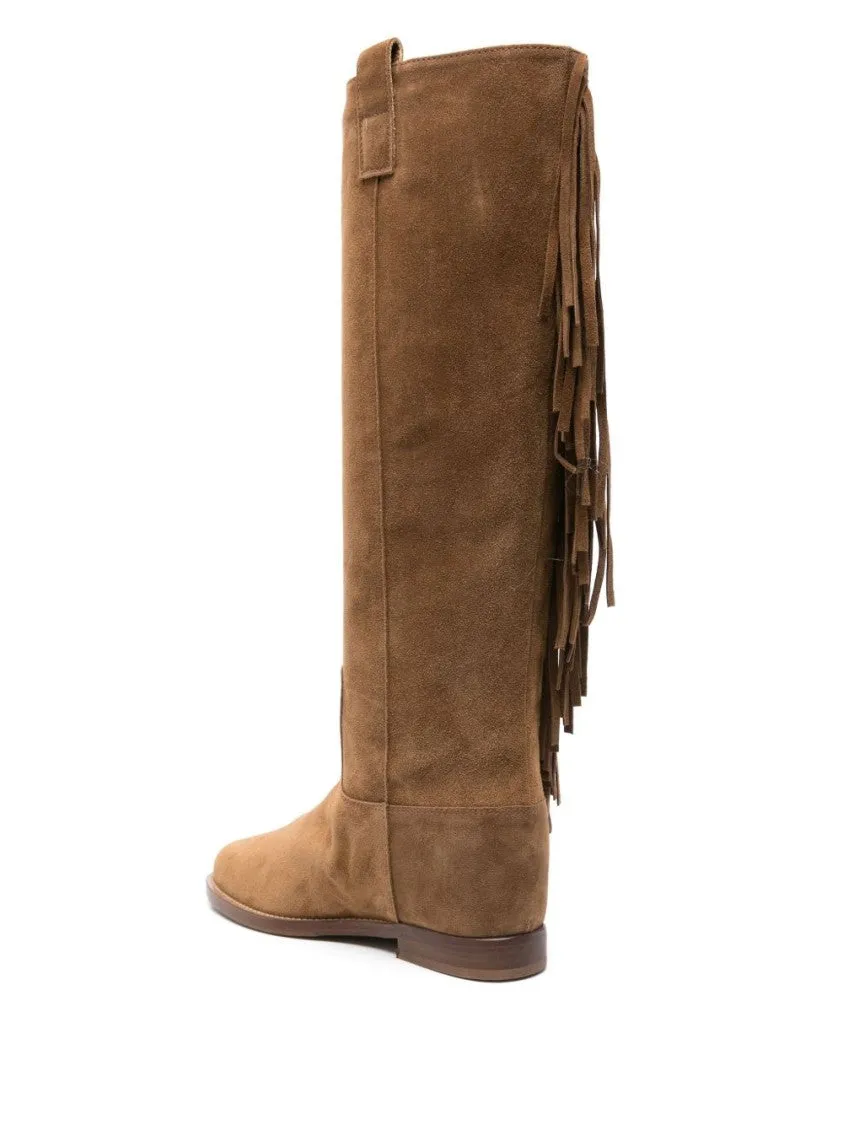 Fringe-Detail Leather Slip-On Boots With Pull-Tab Design