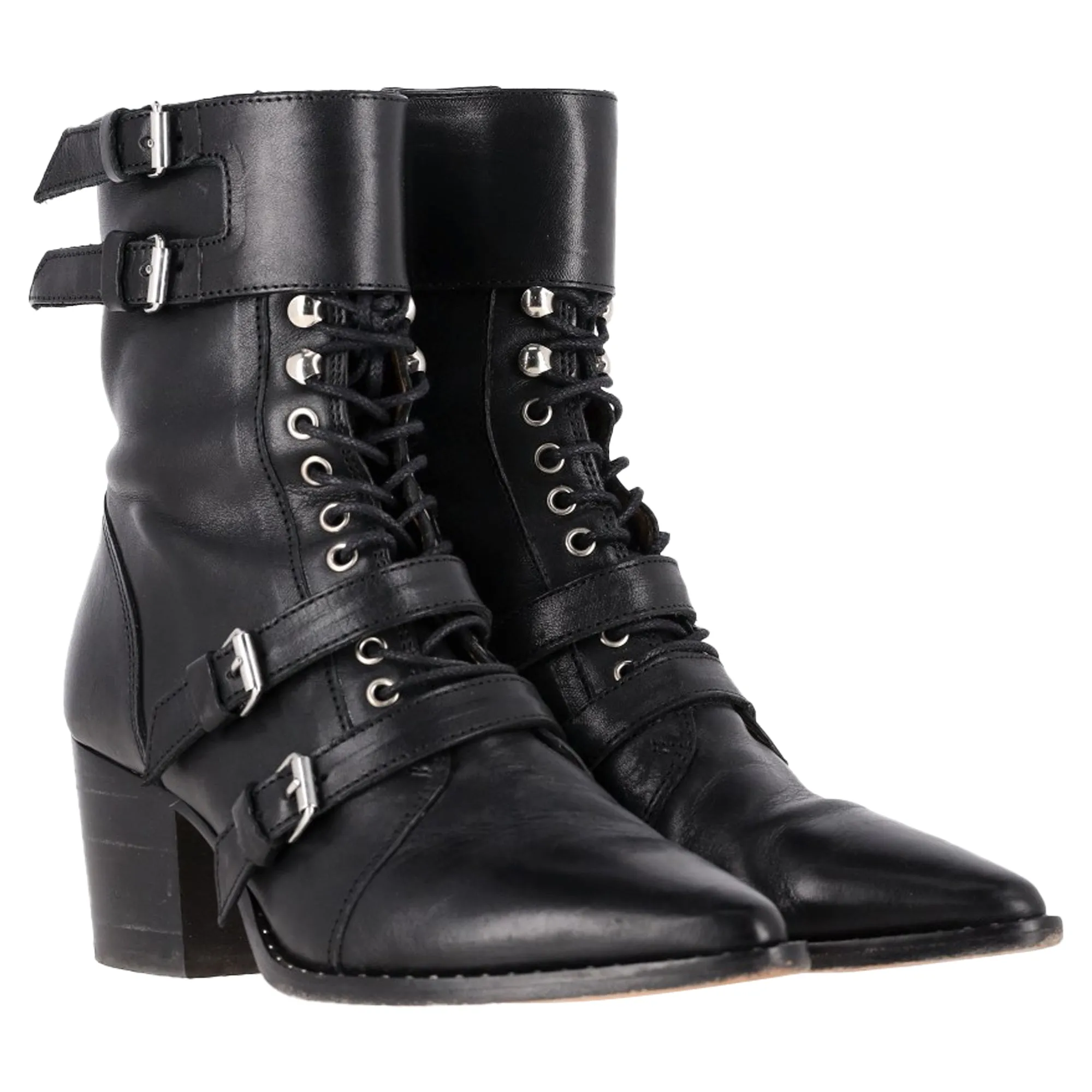 IRO Buckled Lace-up Ankle Boots in Black Leather