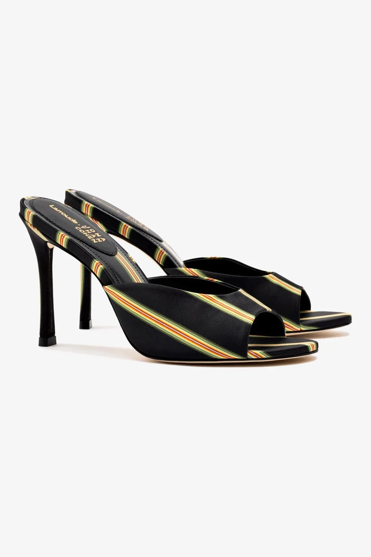 Larroud x Jonathan Cohen Mule In Black Striped Satin