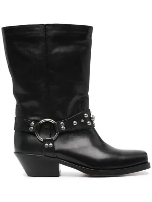 Mid-Calf Leather Boots With Decorative Strap And Buckle