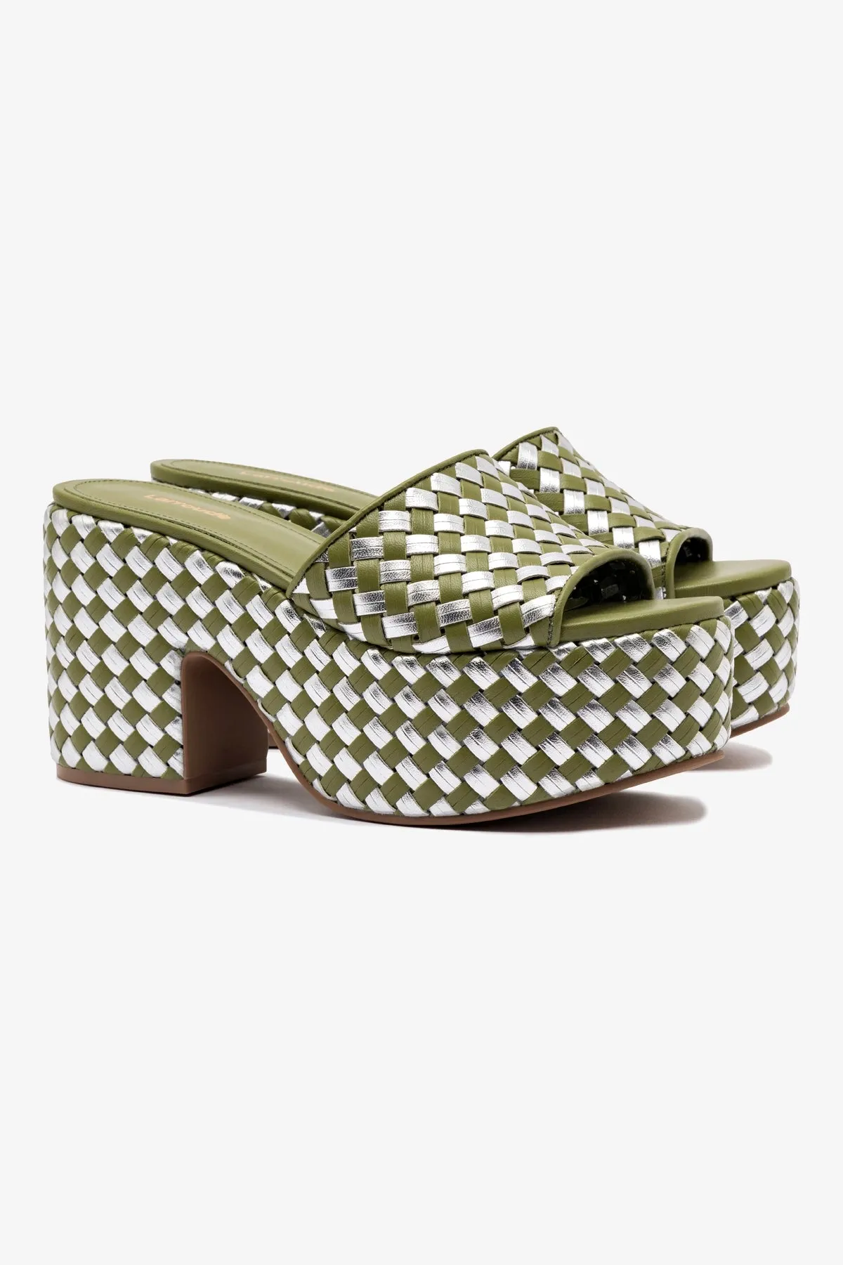 Miso Platform Sandal In Seaweed Leather and Silver Metallic Leather