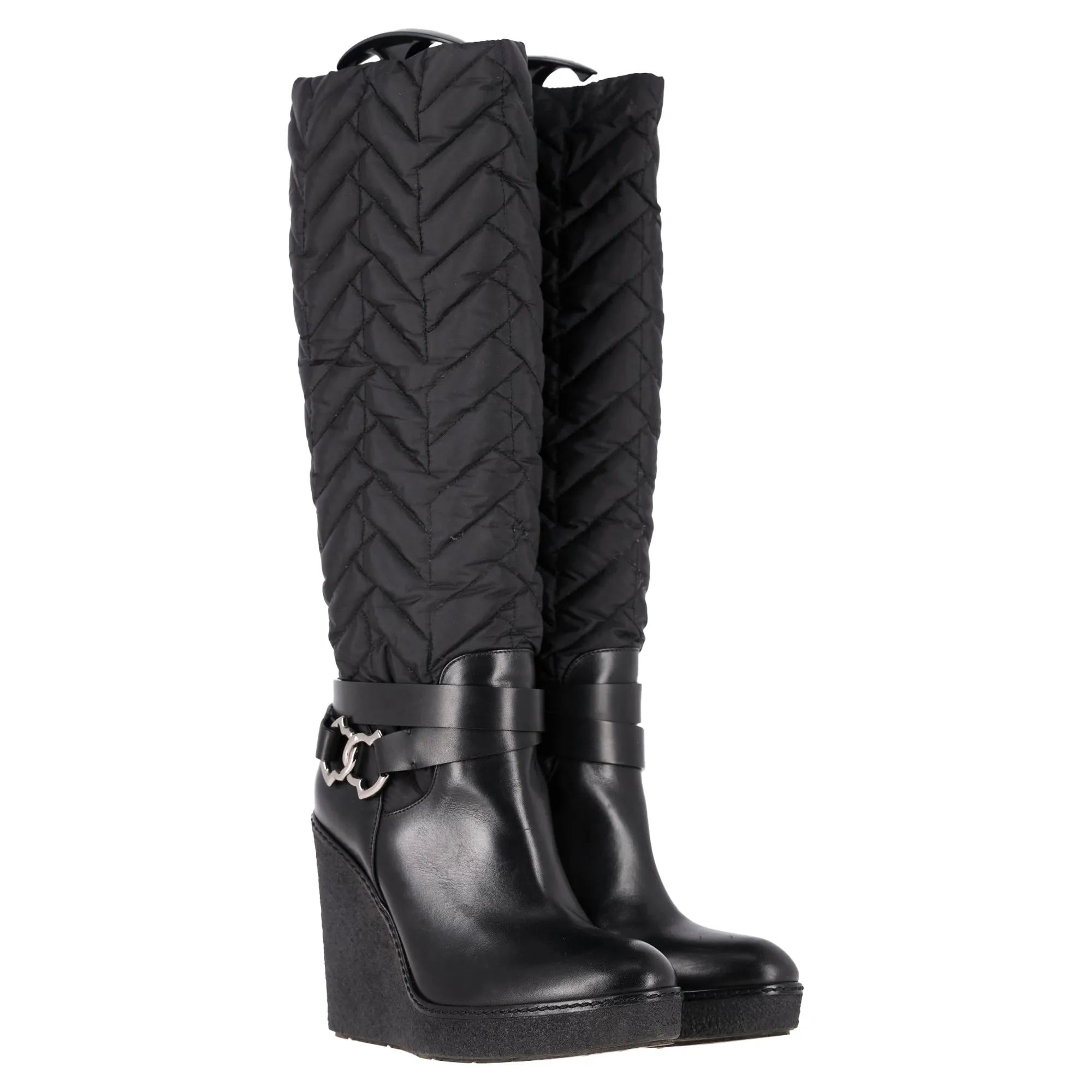 Moncler Knee-High Quilted Wedge Boots in Black Nylon