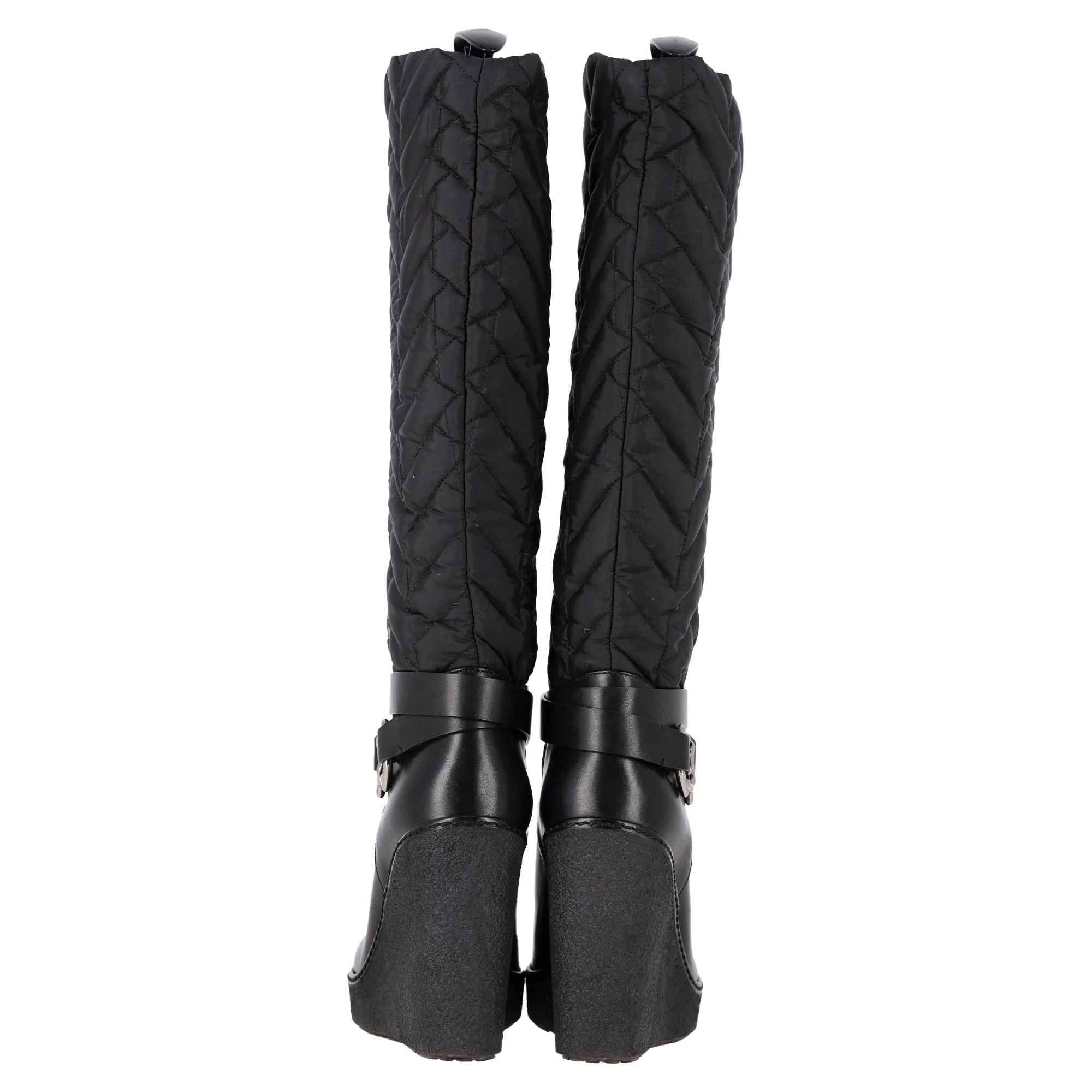 Moncler Knee-High Quilted Wedge Boots in Black Nylon