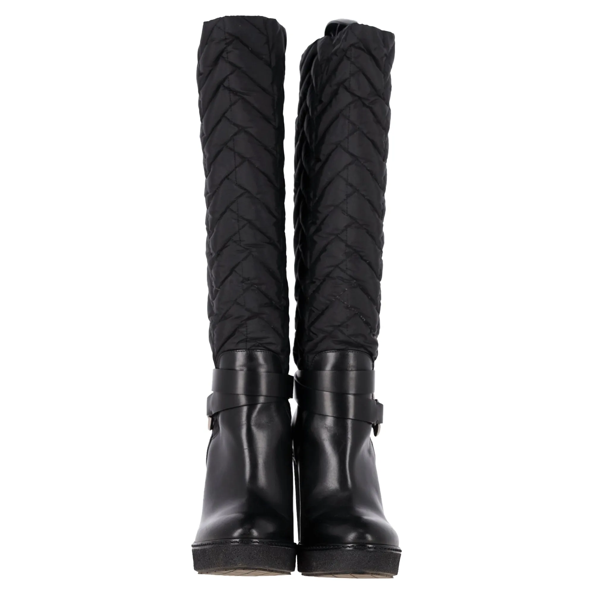 Moncler Knee-High Quilted Wedge Boots in Black Nylon