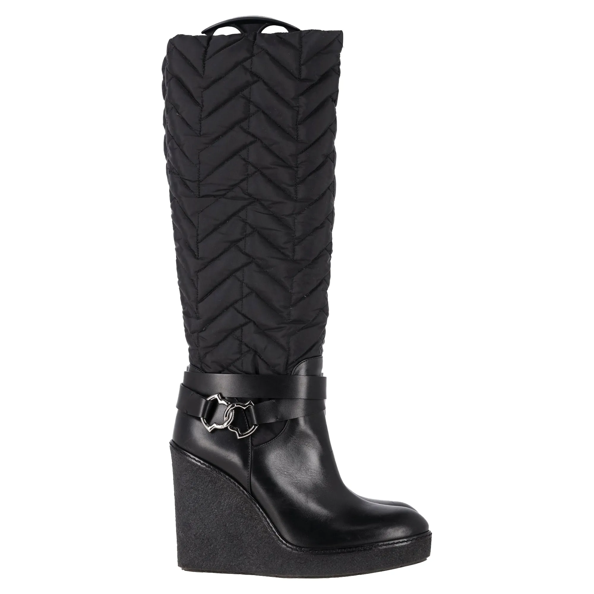 Moncler Knee-High Quilted Wedge Boots in Black Nylon