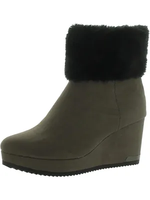 Nadra Womens Faux Leather Faux Fur Wedge Boots