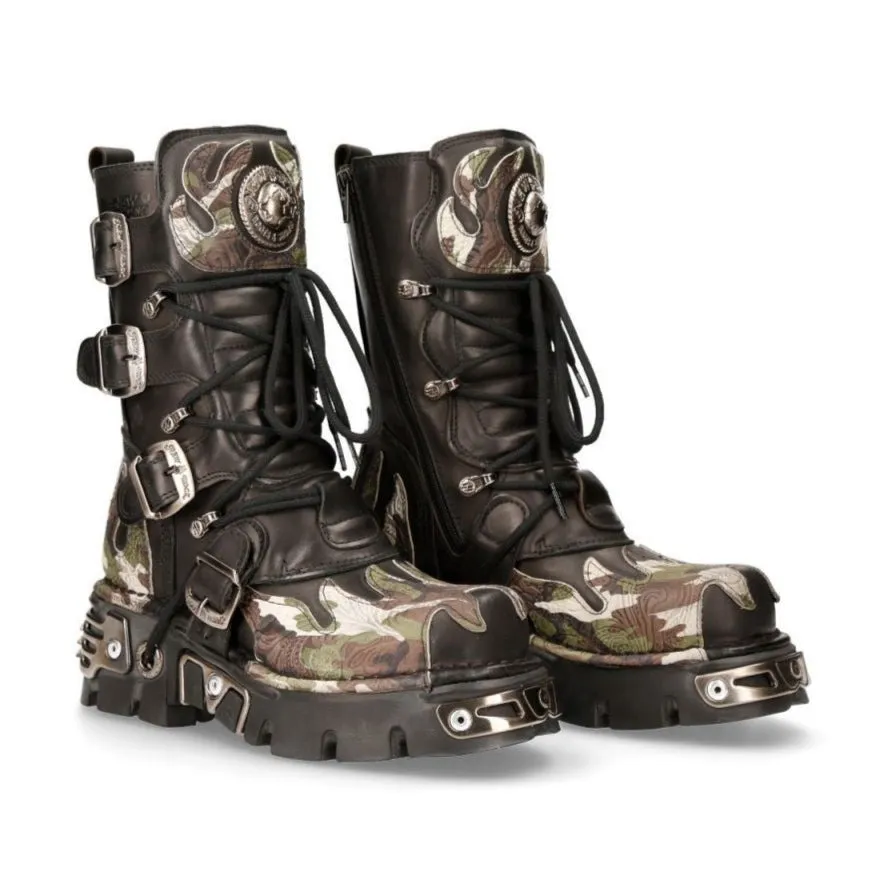 New Rock Flame Accented Camouflage Leather Biker Boots- M-591-S15