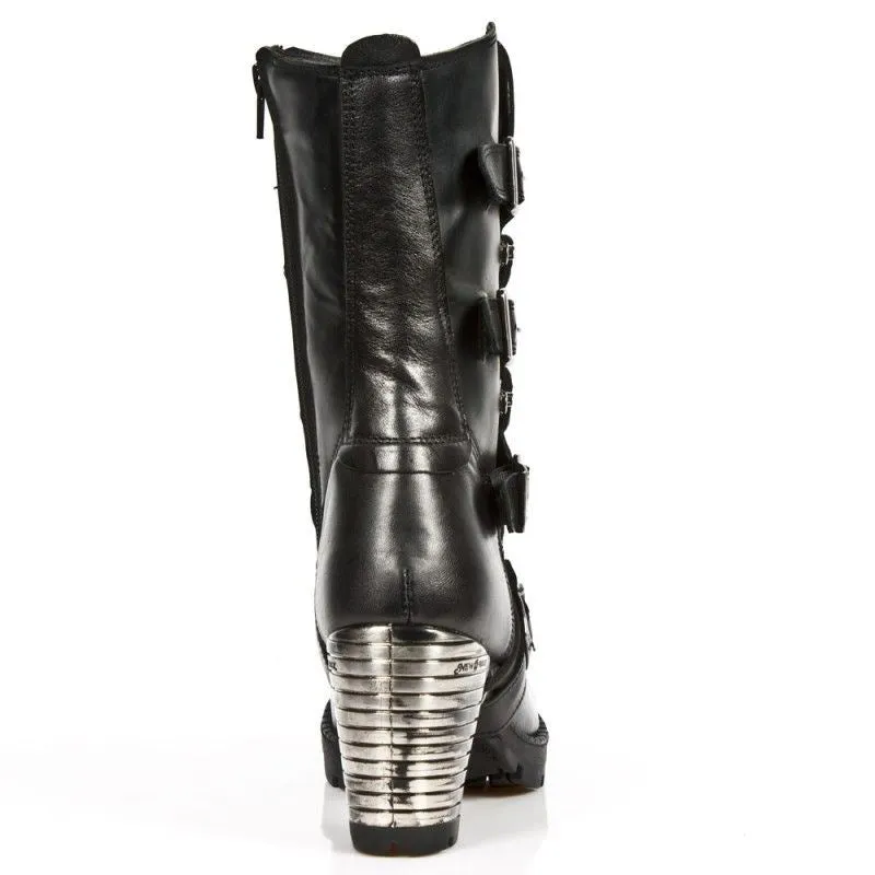 New Rock Ladies Black Leather Metallic Gothic Boots- TR003-S1