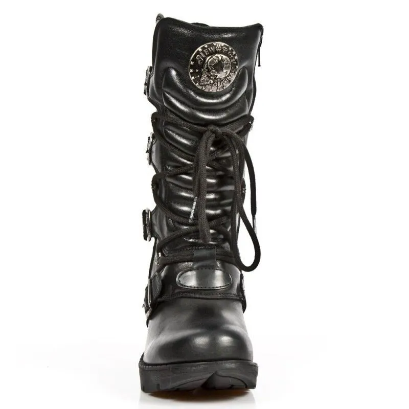New Rock Ladies Black Leather Metallic Gothic Boots- TR003-S1