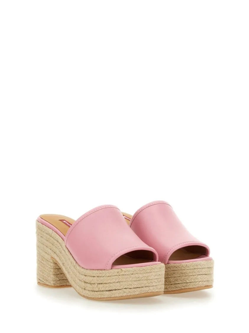 Pink Leather Sandal With Jute-Wrapped Platform