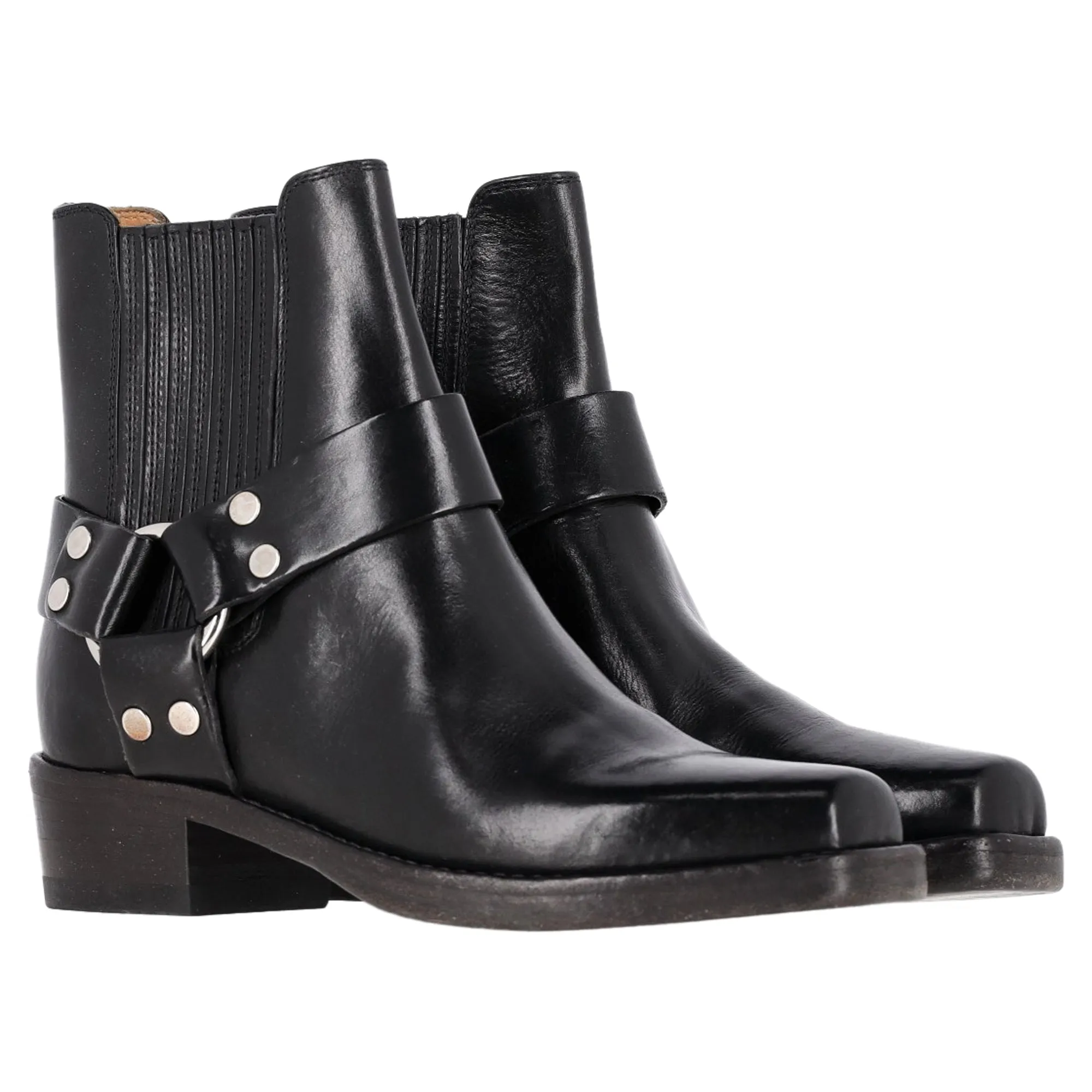 Re/Done Cavalry Harness Detail Ankle Boots in Black Leather
