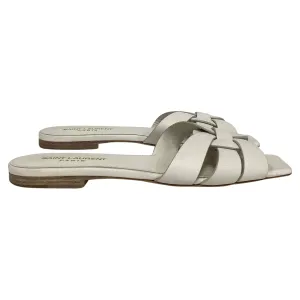 Saint Laurent Tribute Slide Flats in White Leather