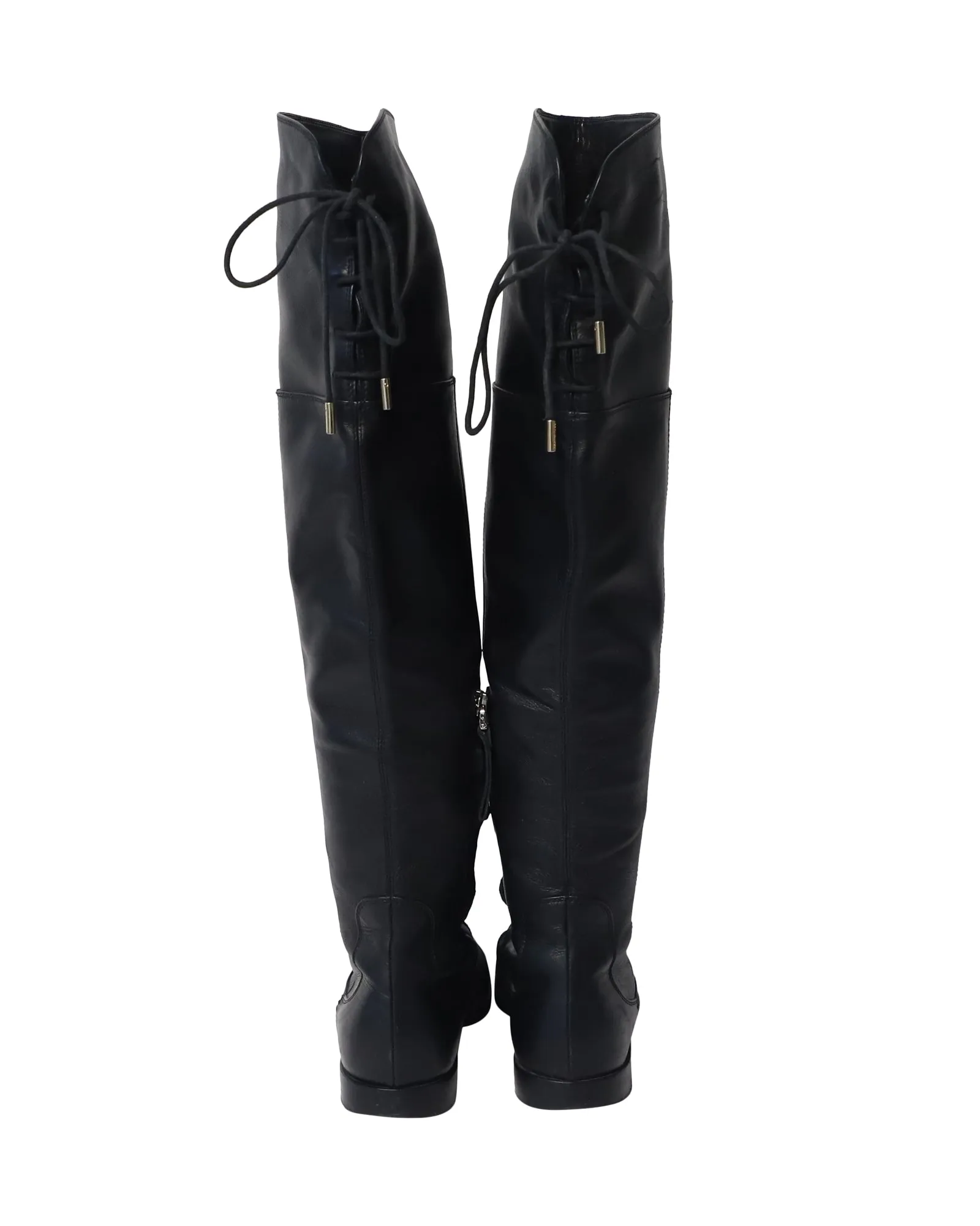 Sergio Rossi Back Thigh Lace Knee High Boots in Black  Leather
