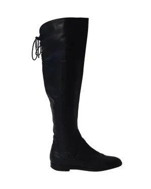 Sergio Rossi Back Thigh Lace Knee High Boots in Black  Leather