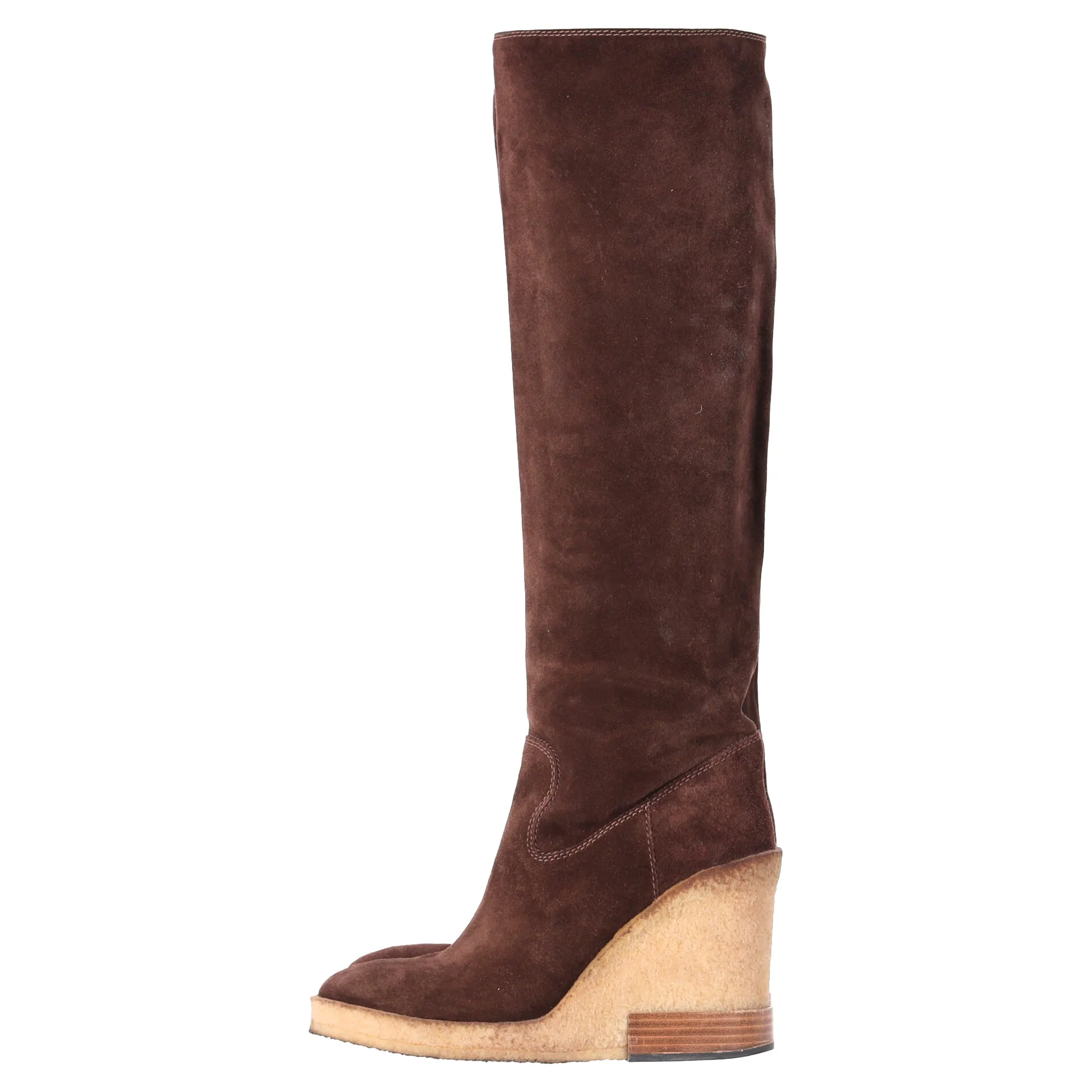 Tod's Knee-High Wedge Boots in Brown Suede