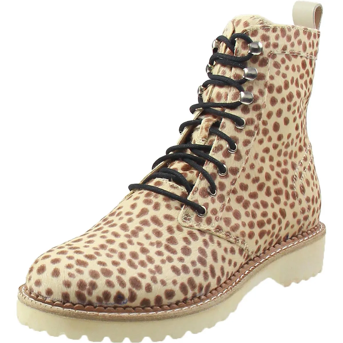 Womens Animal Print Calf Hair Combat & Lace-Up Boots