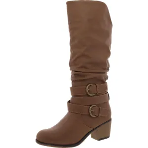 Womens Block Heel Buckle Mid-Calf Boots