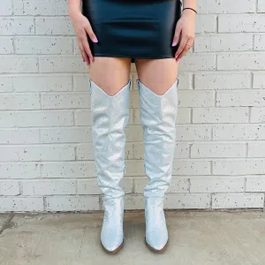 Women's Bring Ya To Your Knees Rhinestone Boots In Silver