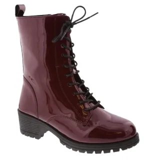 Women's Caity Combat Patent Boots In Burgundy