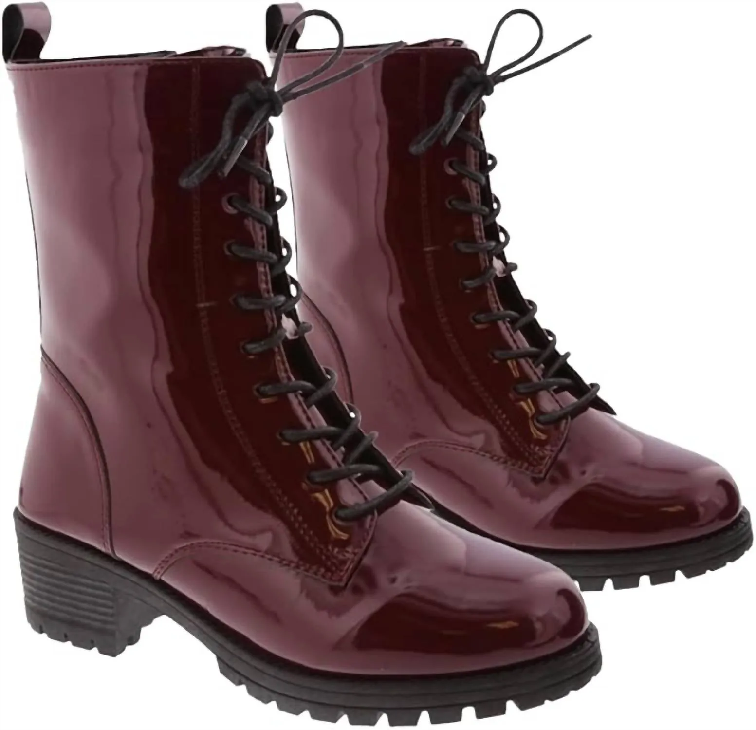 Women's Caity Combat Patent Boots In Burgundy